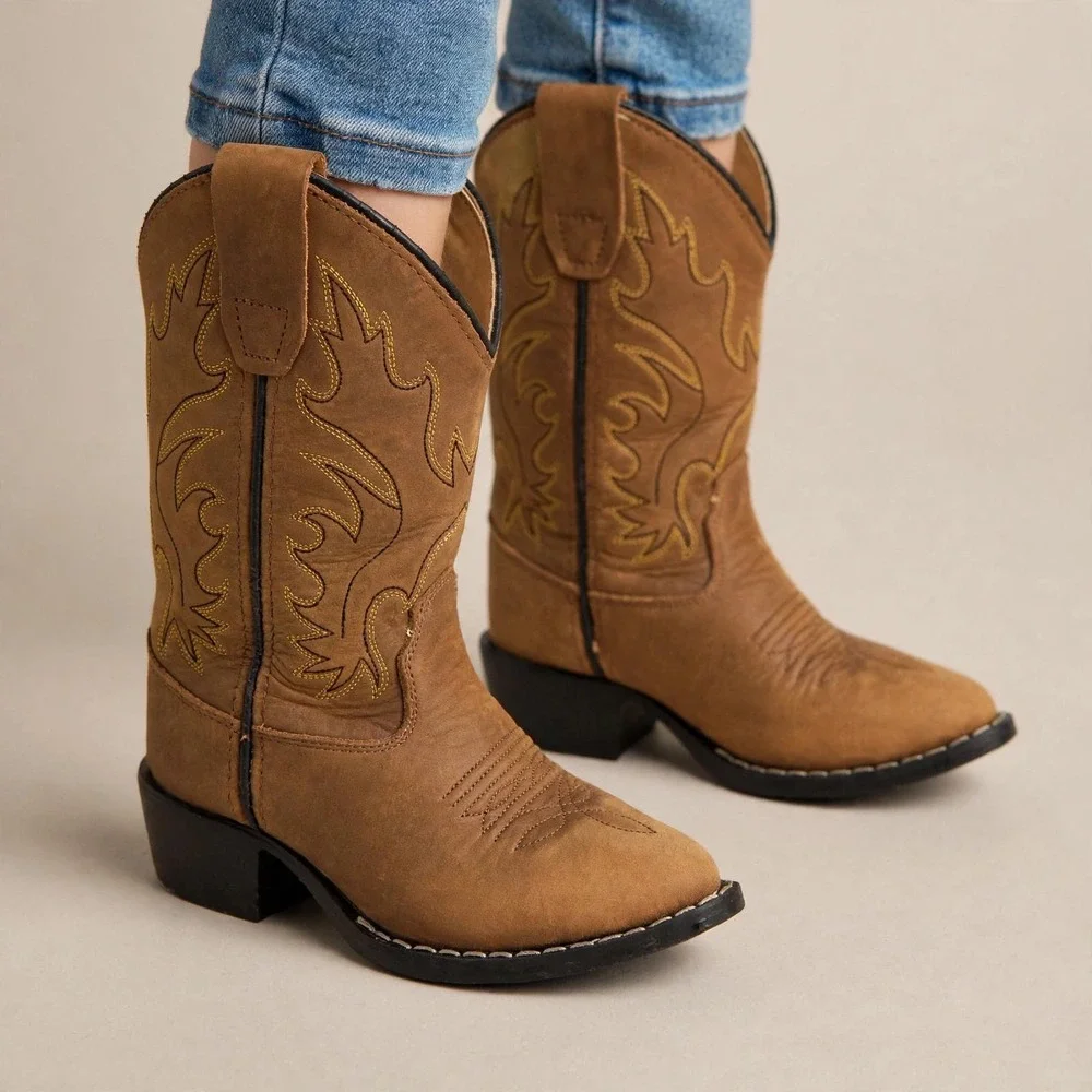 Old West Kids Leather Cowboy Boots Tan Brown Western Stitch 8129 Size 10D